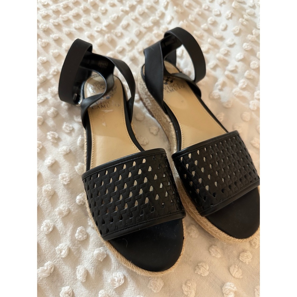 Vince Camuto Kovya Black Leather Espadrille Wedge Sandals Womens 8M VP-KOVYA